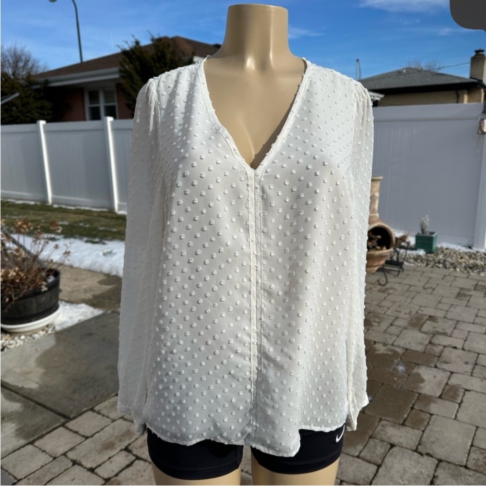 J Crew women’s clip dot blouse all White polka dot long sleeve v neck size M
